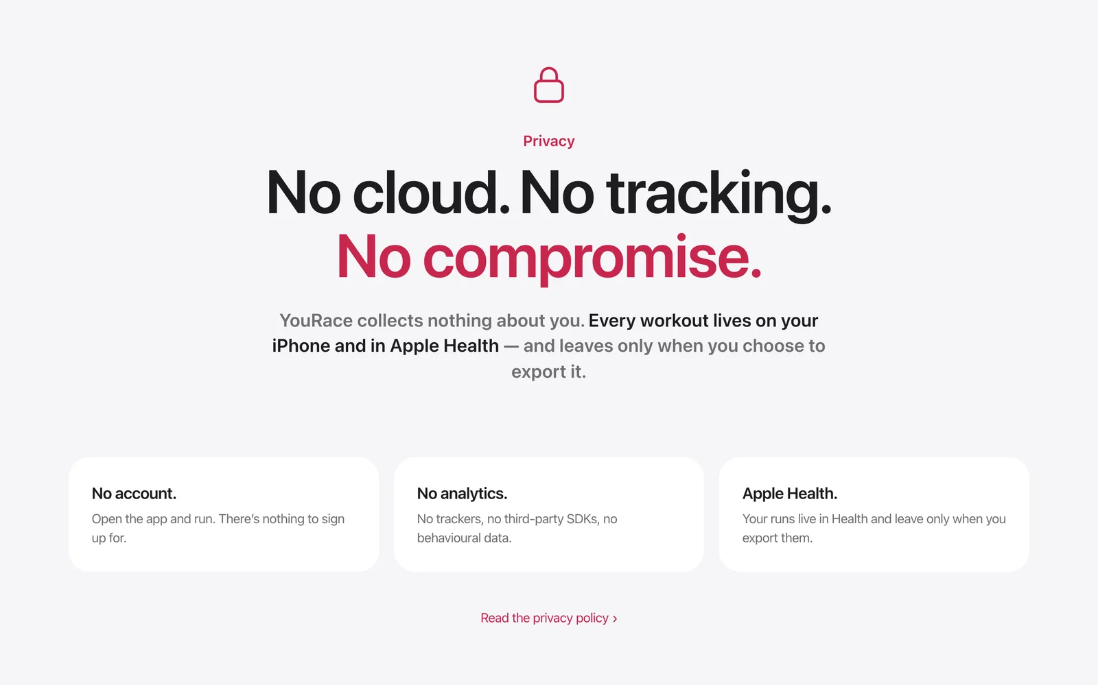YouRace website, privacy section